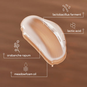Layers Probiotic Skincare Probiotic Serum formula swatch with ingredient callouts - orabanche rapum, meadowfoam oil, lactobacillus ferment, lactic acid