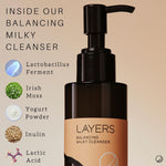 Load image into Gallery viewer, Layers Probiotic Skincare Balancing Milky Cleanser in semi-transparent black glass bottle with ingredients listed. Ingredients: Probiotics, Irish Moss, Yogurt Powder, Inulin, Lactic Acid.
