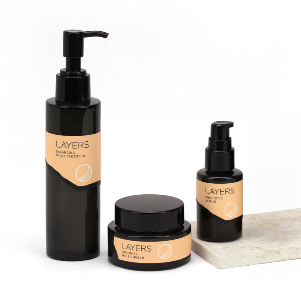 Layers Balancing Milky Cleanser, Immunity Moisturizer, and Probiotic Serum. 