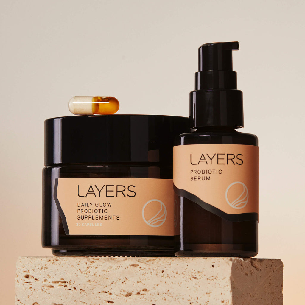 Layers Probiotic Skincare The Perfect Pair includes a 30-day jar of Daily Glow Probiotic Supplements plus a bottle of Probiotic Serum. This regimen works for dry, oily, and combination skin. 
