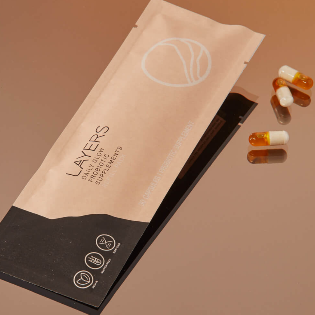 Layers Probiotic Skincare Daily Glow Probiotic Supplement 30 day refill pouch. Compostable 
