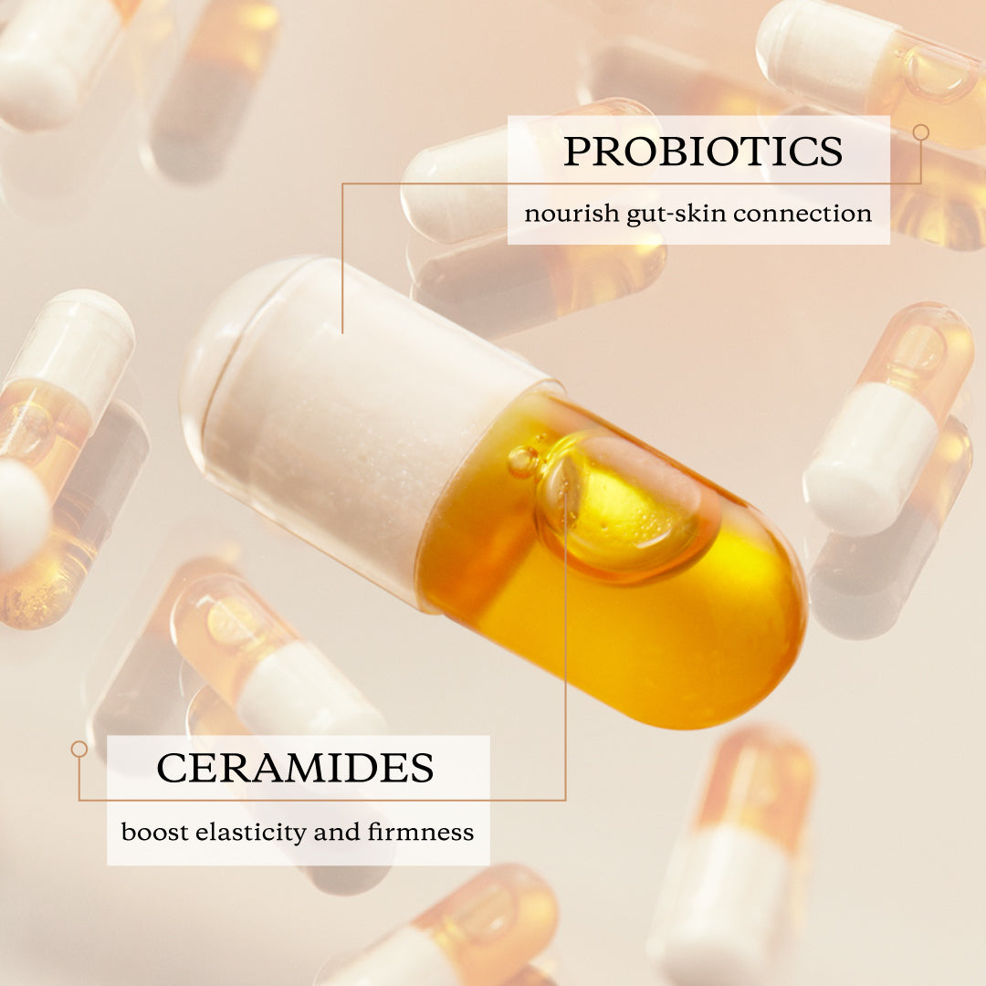 Layers Probiotic Skincare Capsule with Ingredients Probiotics Ceramides. Nourish gut-skin connection. Boost elasticity and firmness.